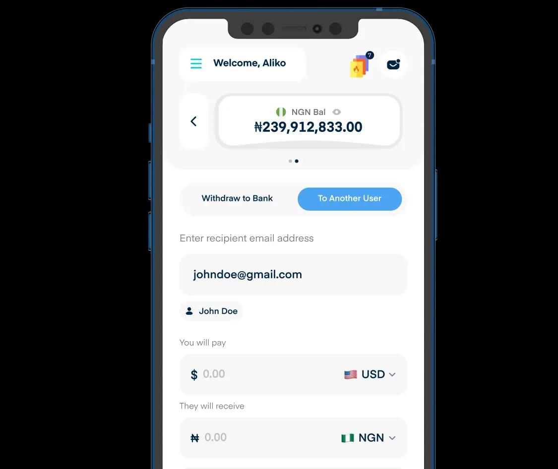 Cardtonic app transfer screen with a recipient, a sending wallet and a receiving wallet