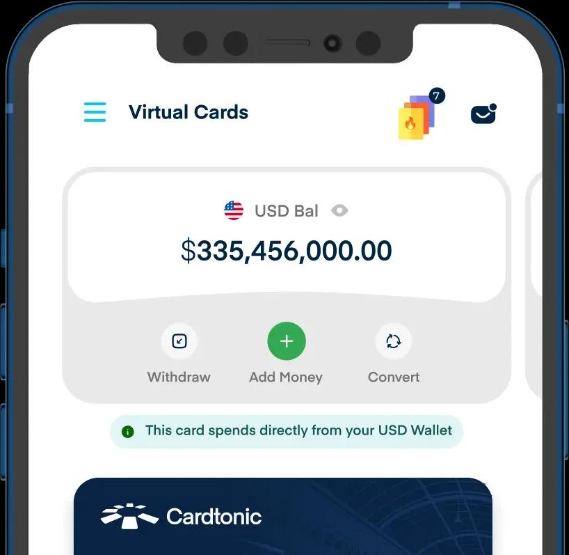 Cardtonic app virtual cards screen, with a card funded from the USD Wallet