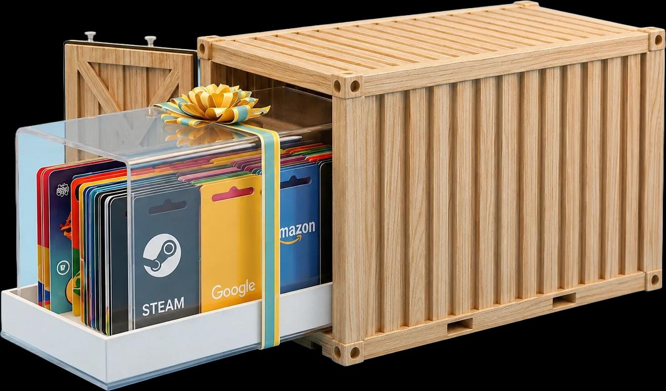 A crate of gift cards for Steam, Google Play and Amazon