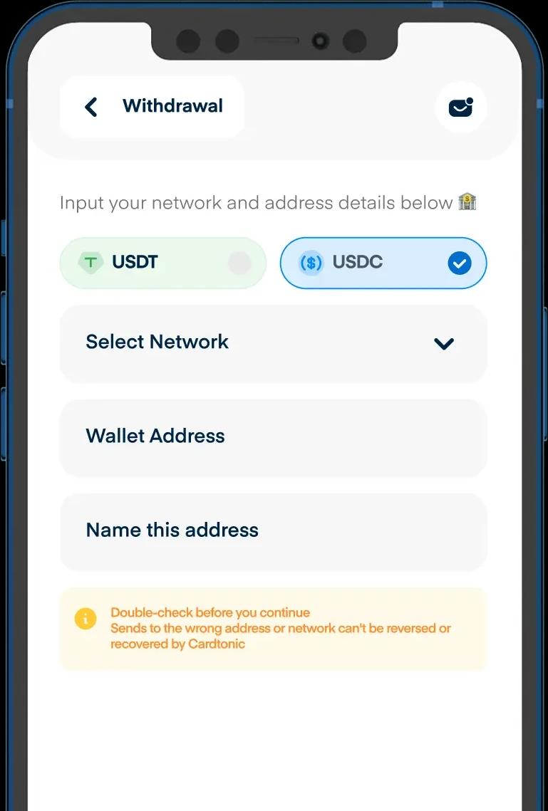 Cardtonic app withdrawal screen with a stablecoin network and wallet address